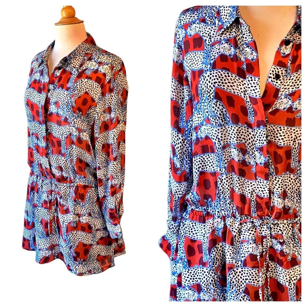 PARKER Silk Leopard Anamalia Print Blouson Mini Dress with Pockets - Size 14 - Picture 10 of 11